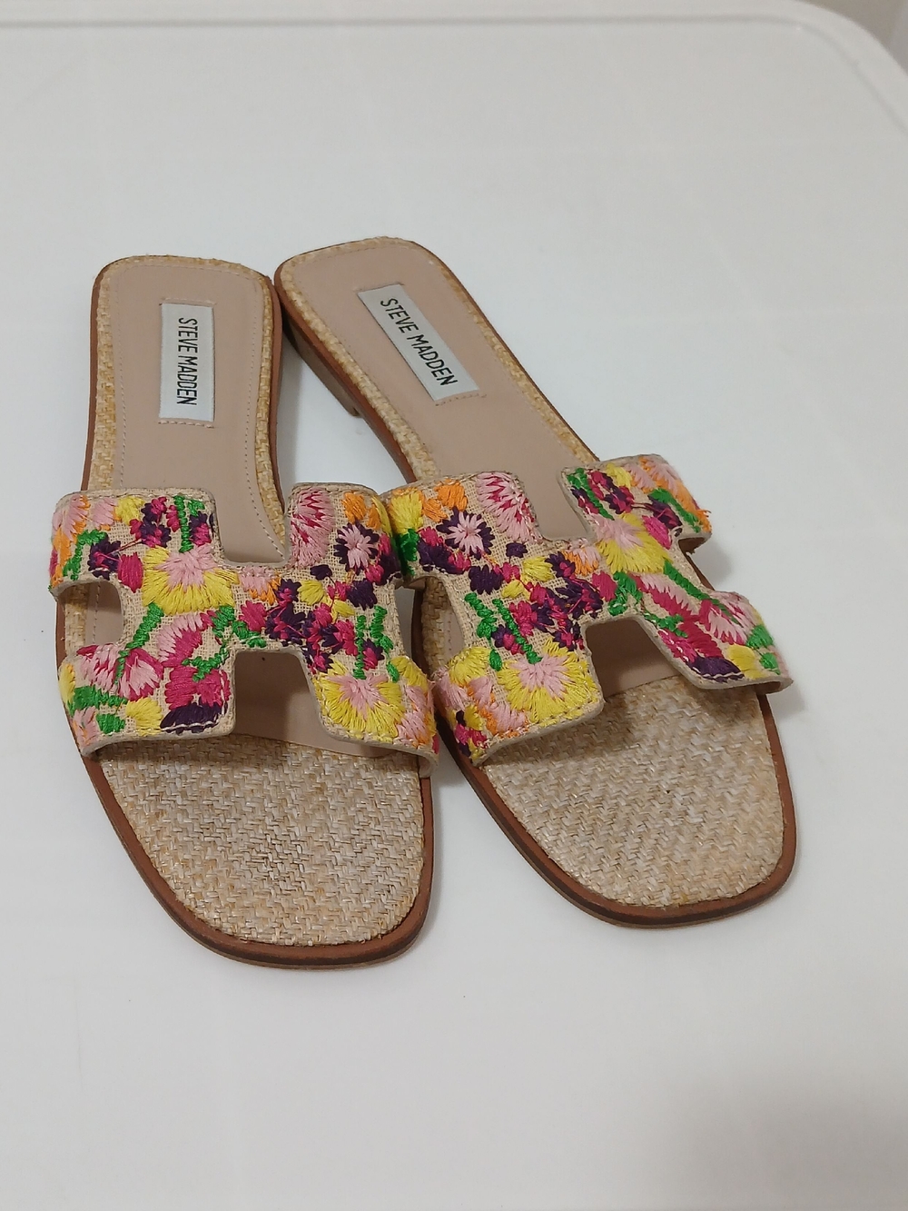 Steve Madden Rattan Embroidered Floral Slide Sandals
